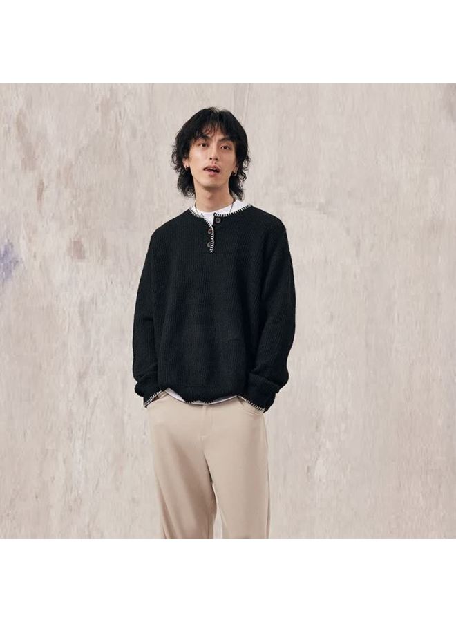 Black Retro Niche Design Henry Collar Loose Knitwear For Men And Women Apricot Knitwear Top