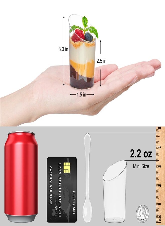 TOFLEN 100 Pack Mini Dessert Cups with Spoons, 2.2 oz Round Plastic Dessert Shooter Cups Slanted Appetizer Cups for Party Serving Jello Parfait Triffle - Image 2