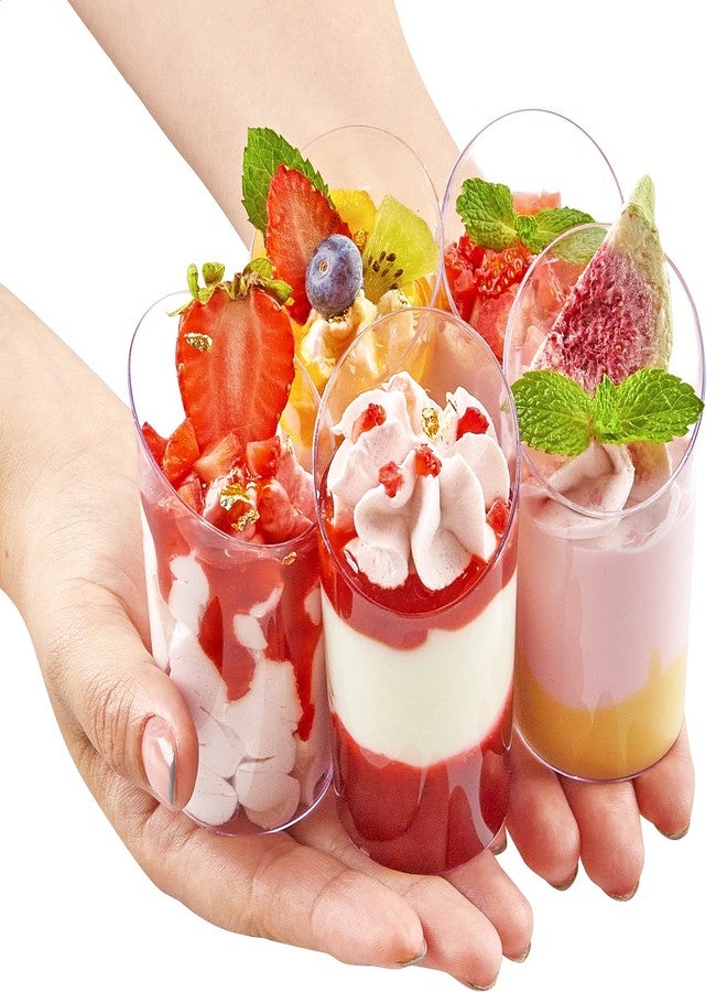TOFLEN 100 Pack Mini Dessert Cups with Spoons, 2.2 oz Round Plastic Dessert Shooter Cups Slanted Appetizer Cups for Party Serving Jello Parfait Triffle - Image 5