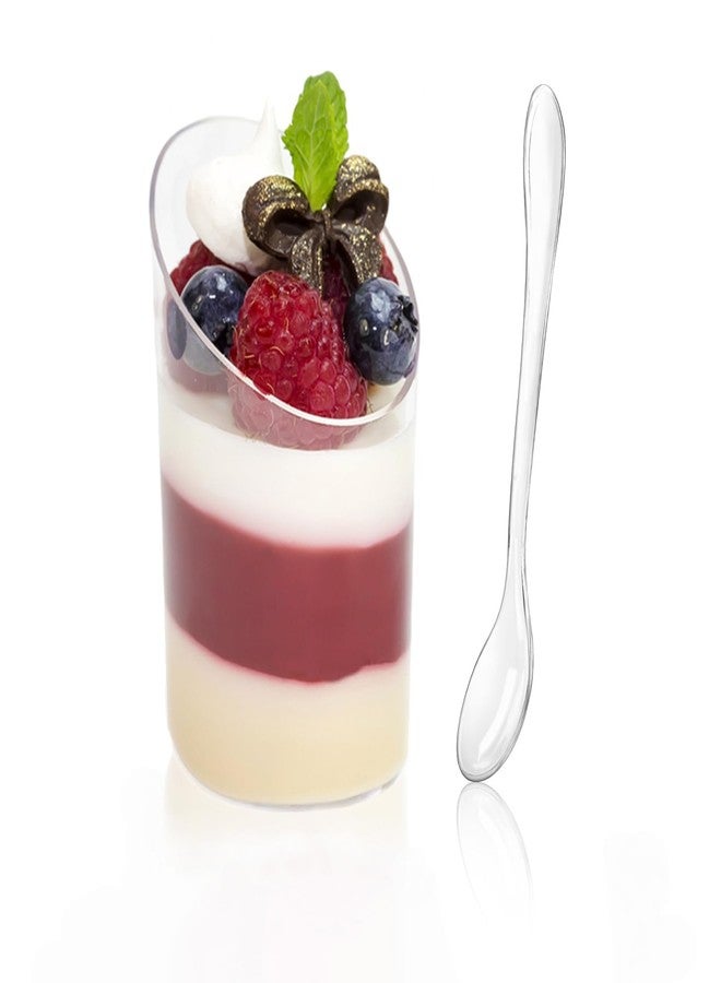 TOFLEN 100 Pack Mini Dessert Cups with Spoons, 2.2 oz Round Plastic Dessert Shooter Cups Slanted Appetizer Cups for Party Serving Jello Parfait Triffle - Image 1