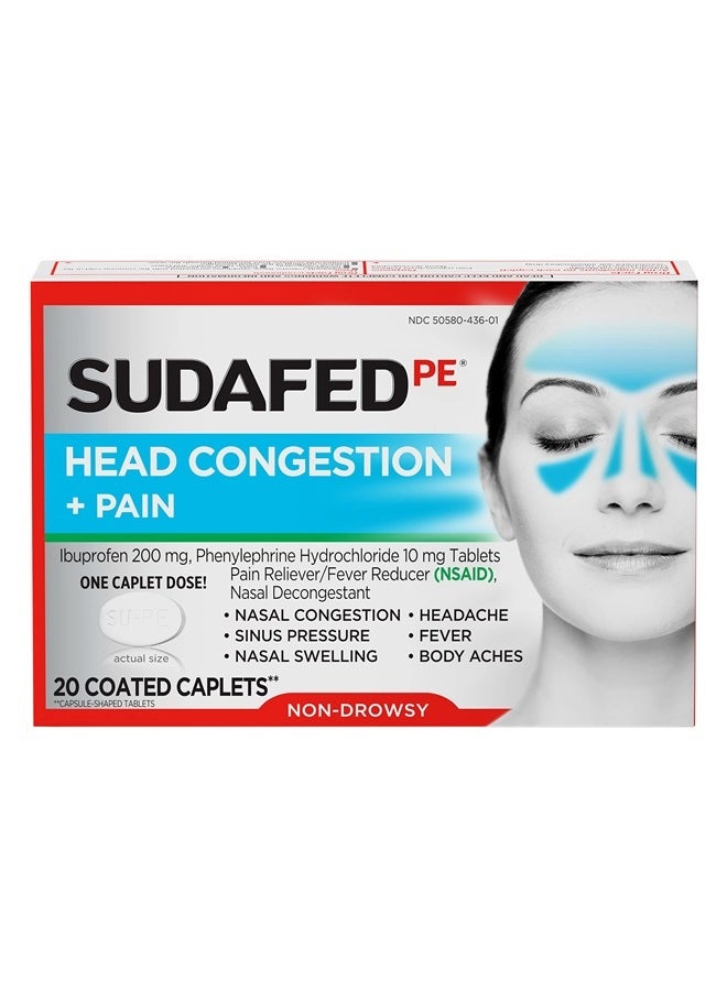 Sudafed PE Head Congestion + Pain Relief Caplets Ibuprofen Phenylephrine HCl, 20 Count - Image 2
