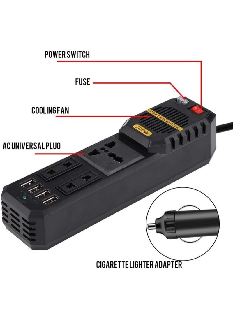 ELTRAZONE 200W Power Inverter, DC 12V to AC 220V Car Power Inverter with 4 USB Ports Multi-Protection Car Charger Adapter - Image 3