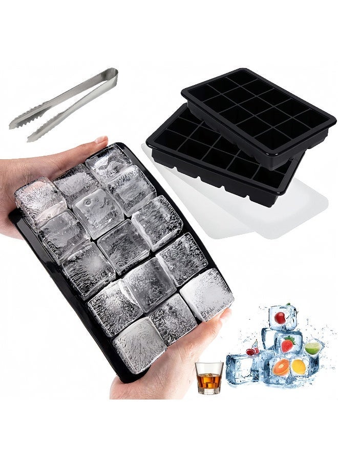كيبي عبوتان من صواني مكعبات الثلج مع أغطية (تشمل ملقط ثلج من الستانلس ستيل)، قوالب سيليكون لمكعبات الثلج مرنة وقابلة لإعادة الاستخدام وخالية من الـ BPA، قابلة للتكديس ومناسبة للفريزر والويسكي والشوكولاتة وطعام الأطفال والعصير، باللون الأسود - Image 1