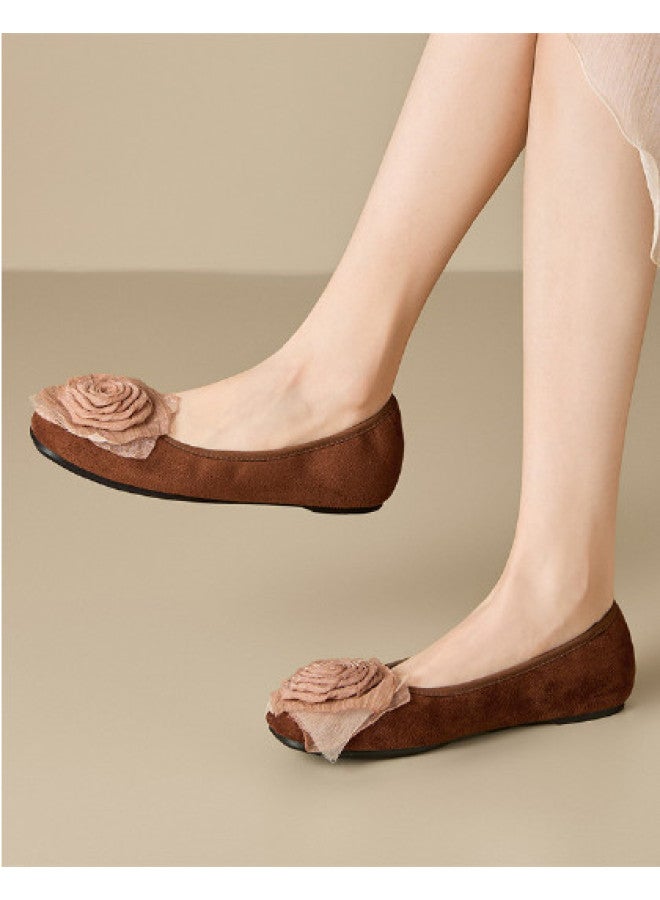 15MINS Rose Flower Shallow Opening Flats 2026 Spring New Retro Suede Pumps - Image 1