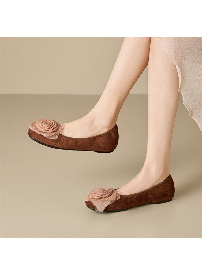 15MINS Rose Flower Shallow Opening Flats 2026 Spring New Retro Suede Pumps - Image 2