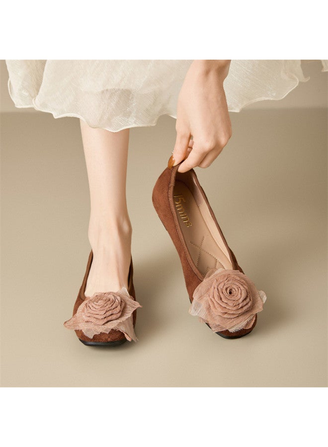 15MINS Rose Flower Shallow Opening Flats 2026 Spring New Retro Suede Pumps - Image 4