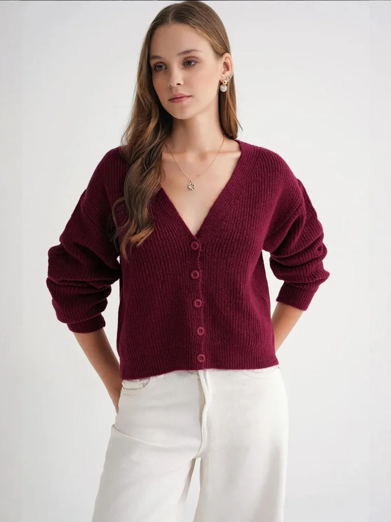 MixRay Mixray Textured V-Neck Button Cardigan