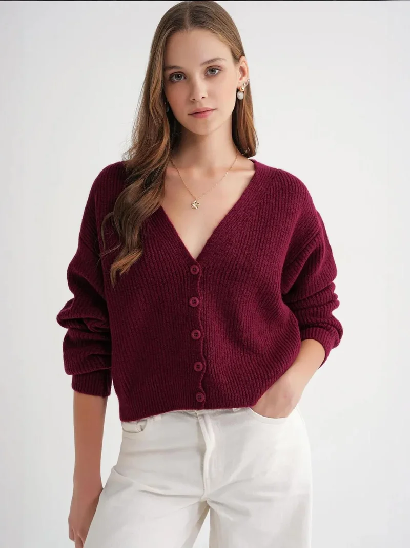 Mixray Burgundy Red Mixray Textured V-Neck Button Cardigan for Women | Best Price UAE
