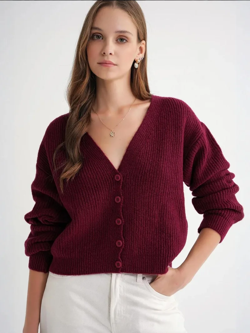 Mixray Burgundy Red Mixray Textured V-Neck Button Cardigan for Women | Best Price UAE