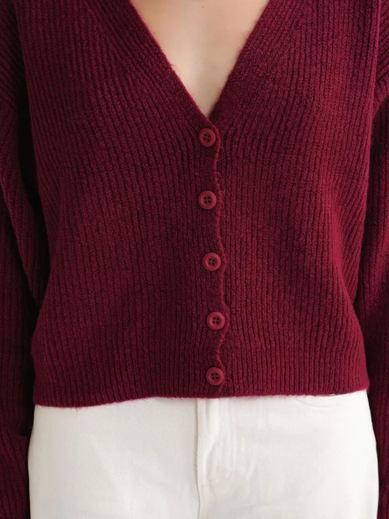 Mixray Burgundy Red Mixray Textured V-Neck Button Cardigan for Women | Best Price UAE