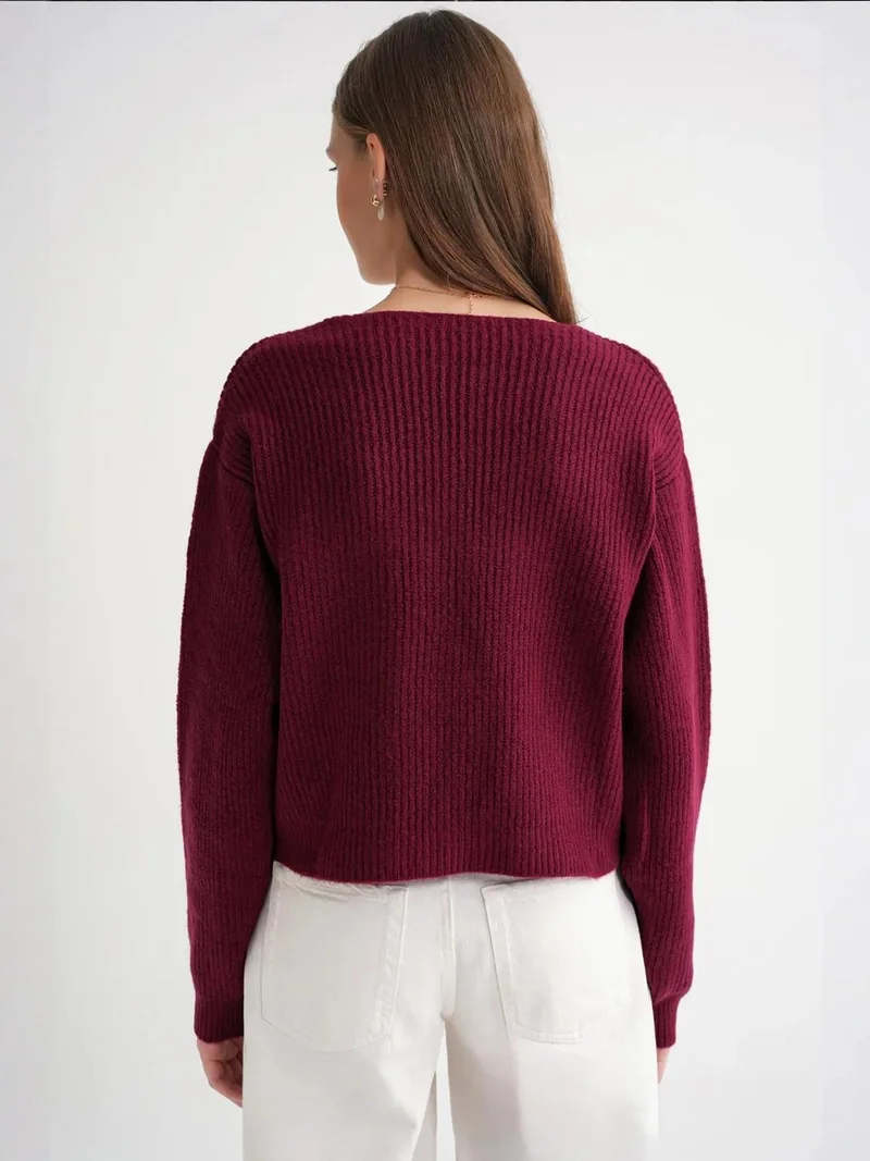 Mixray Burgundy Red Mixray Textured V-Neck Button Cardigan for Women | Best Price UAE