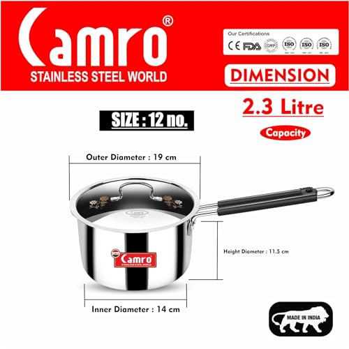 Camro Tripro Triply Artisian with Lid (12 No, 2.3 Liters) Tea Pan MilkPan Saucier Cooking Pot for Chai Boil Warm Heat Resist Handle Induction Friendly & Gas Ready 6-Year Warranty - Image 2