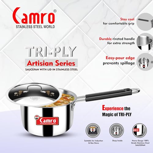 Camro Tripro Triply Artisian with Lid (12 No, 2.3 Liters) Tea Pan MilkPan Saucier Cooking Pot for Chai Boil Warm Heat Resist Handle Induction Friendly & Gas Ready 6-Year Warranty - Image 5