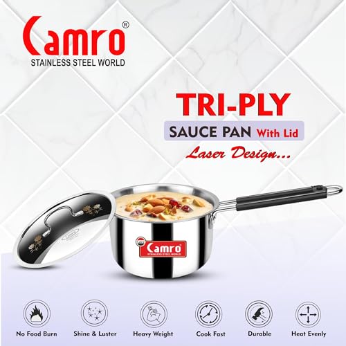 Camro Tripro Triply Artisian with Lid (12 No, 2.3 Liters) Tea Pan MilkPan Saucier Cooking Pot for Chai Boil Warm Heat Resist Handle Induction Friendly & Gas Ready 6-Year Warranty - Image 3