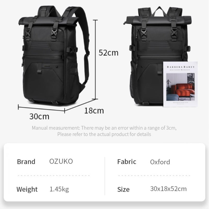 OZUKO Travel Backpack for Business Work with Roll Top Design Waterproof Oxford Fabric Expandable 28L to 38L Anti Theft, Black, 9761 - Image 5