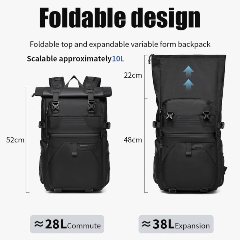 OZUKO Travel Backpack for Business Work with Roll Top Design Waterproof Oxford Fabric Expandable 28L to 38L Anti Theft, Black, 9761 - Image 4