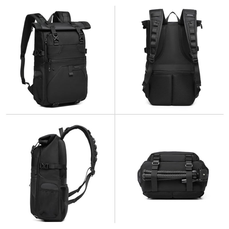 OZUKO Travel Backpack for Business Work with Roll Top Design Waterproof Oxford Fabric Expandable 28L to 38L Anti Theft, Black, 9761 - Image 3