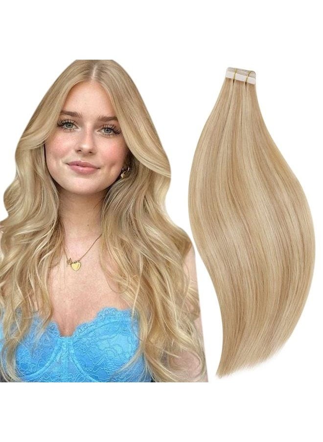 RUNATURE Straight Tape in Real Hair Extensions Seamless Skin Weft Tape in Extensions Human Hair Invisible Golden Blonde with Light Blonde Human Hair Extensions Tape in 16 Inch 50 Gram 20 Pieces  - Image 1