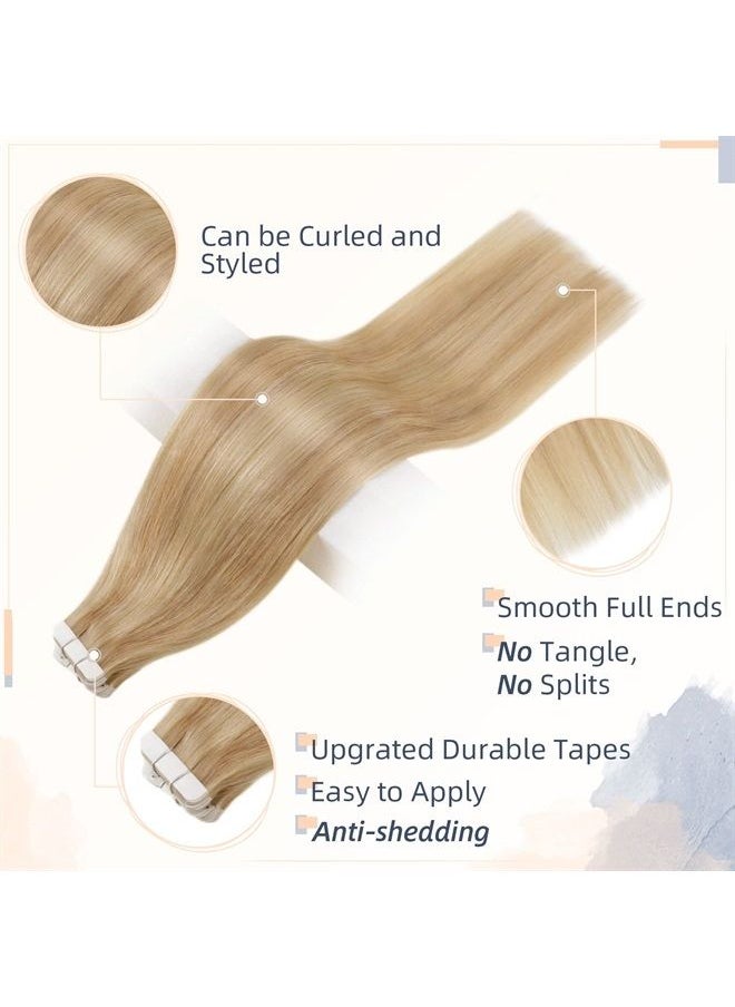 RUNATURE Straight Tape in Real Hair Extensions Seamless Skin Weft Tape in Extensions Human Hair Invisible Golden Blonde with Light Blonde Human Hair Extensions Tape in 16 Inch 50 Gram 20 Pieces  - Image 4