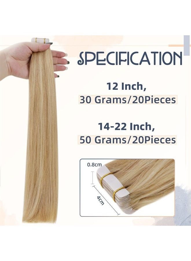 RUNATURE Straight Tape in Real Hair Extensions Seamless Skin Weft Tape in Extensions Human Hair Invisible Golden Blonde with Light Blonde Human Hair Extensions Tape in 16 Inch 50 Gram 20 Pieces  - Image 5