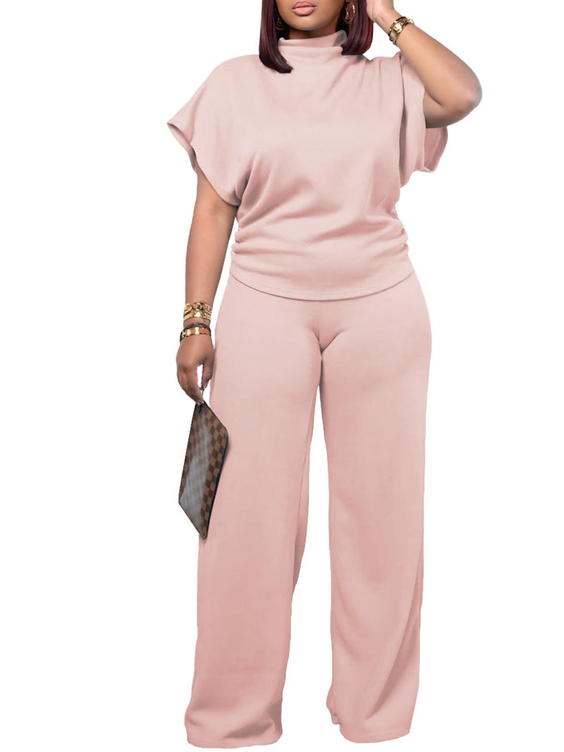 PINSV Lounge Sets For Women Casual 2 Piece Outfits Baggy Short Sleeve Top And Flare Pants Tracksuits Upgrade Pink XL - Image 3
