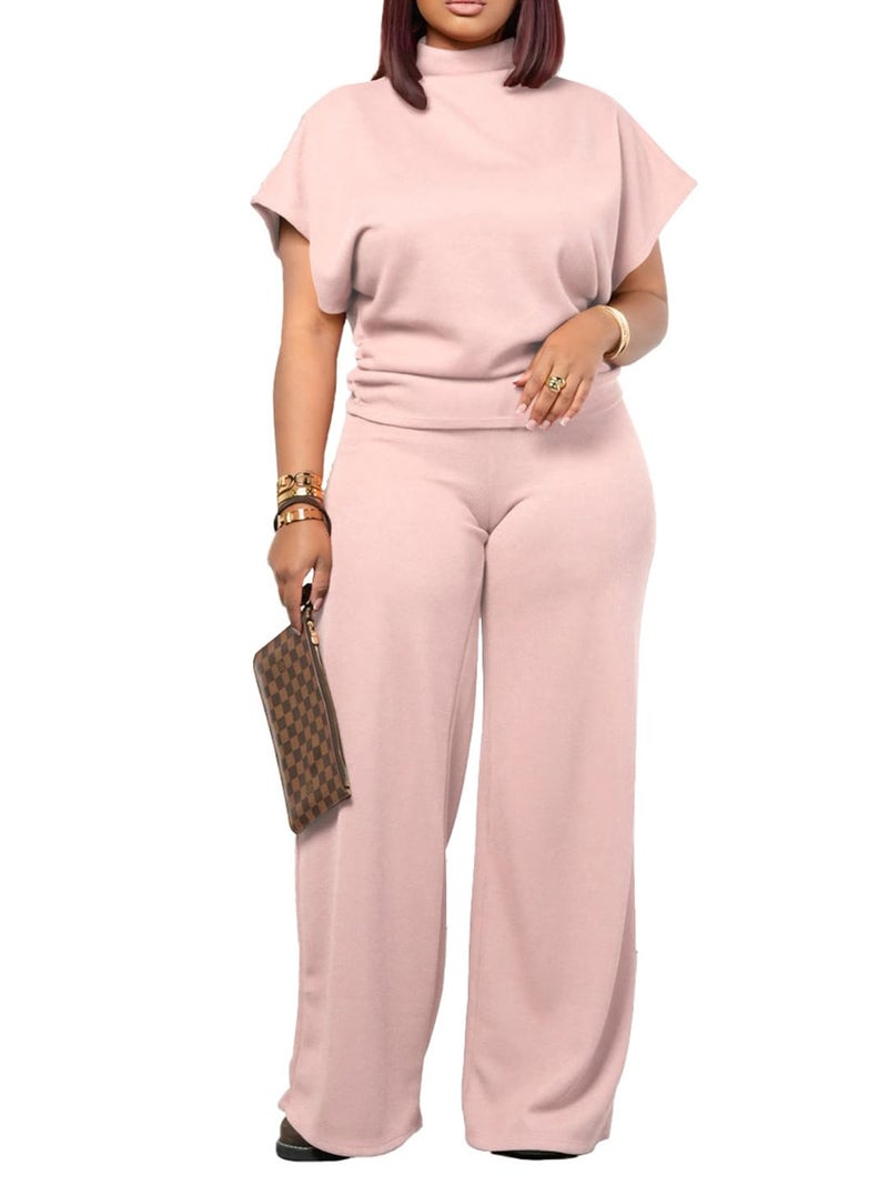 PINSV Lounge Sets For Women Casual 2 Piece Outfits Baggy Short Sleeve Top And Flare Pants Tracksuits Upgrade Pink XL - Image 2
