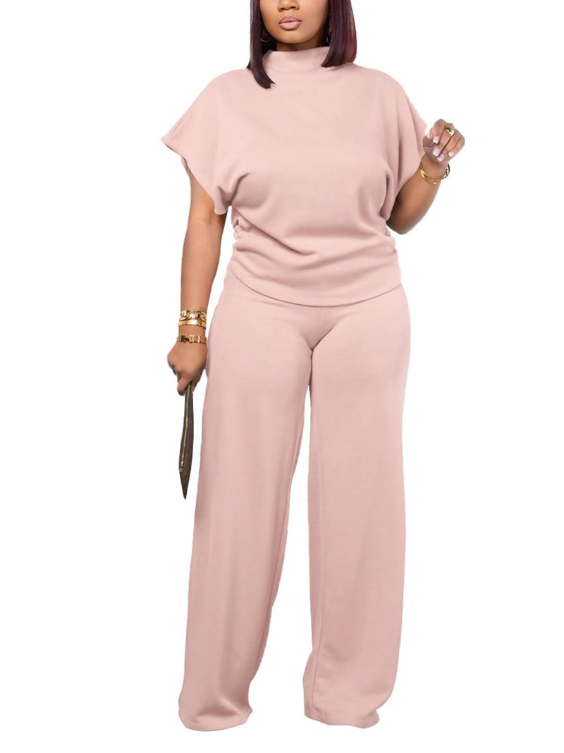 PINSV Lounge Sets For Women Casual 2 Piece Outfits Baggy Short Sleeve Top And Flare Pants Tracksuits Upgrade Pink XL - Image 1