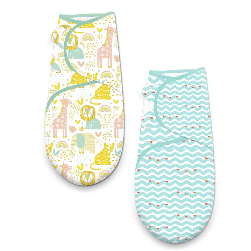 POLKA TOTS Cotton New Born Jungle & Wave Print Swaddle Wrap with Cap, Soft & Breathable, Adjustable Velcro, Secure Fit for Infant Comfort, Ideal for Baby Showers & Daily Use (Pack of 2) - Image 2