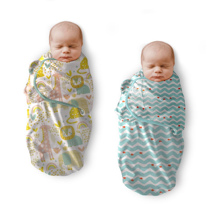 POLKA TOTS Cotton New Born Jungle & Wave Print Swaddle Wrap with Cap, Soft & Breathable, Adjustable Velcro, Secure Fit for Infant Comfort, Ideal for Baby Showers & Daily Use (Pack of 2) - Image 1