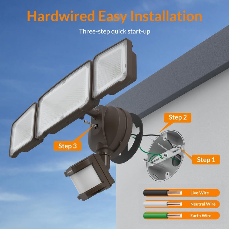 Le Power LED Security Light Motion Sensor Light Outdoor, 38W 4200LM Motion Security Light, 5500K, IP65 Waterproof, 3 Head Motion Detected Flood Light for Garage, Yard, Porch (Brown) - Image 5