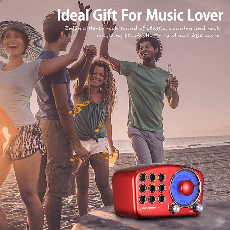 Vintage Bluetooth Speaker: Red Mini Size With 5-Watt Amplifier, Bass Enhancement, Distortion-Free Loud Sound - Retro FM Radio With Bluetooth 5.0, 1100mAh Rechargeable Battery for Home, Outdoor, Music - Image 2