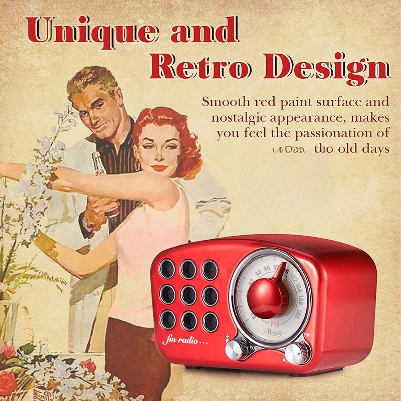 Vintage Bluetooth Speaker: Red Mini Size With 5-Watt Amplifier, Bass Enhancement, Distortion-Free Loud Sound - Retro FM Radio With Bluetooth 5.0, 1100mAh Rechargeable Battery for Home, Outdoor, Music - Image 5