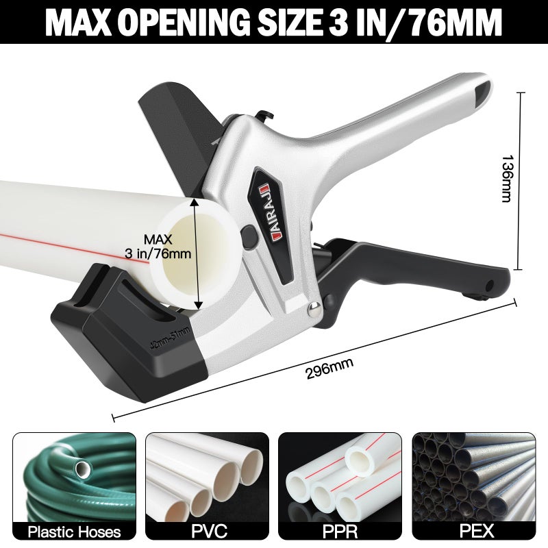 AIRAJ Ratchet PVC Pipe Cutter Heavy Duty,Cuts up to 3 Inches,PVC Cutter with One-Click Blade Replacement,Plastic Pipe Cutter, PVC Cutter Tool,PEX Pipe Cutter,PVC Pipe Shears with Extra Spare Blade - Image 2