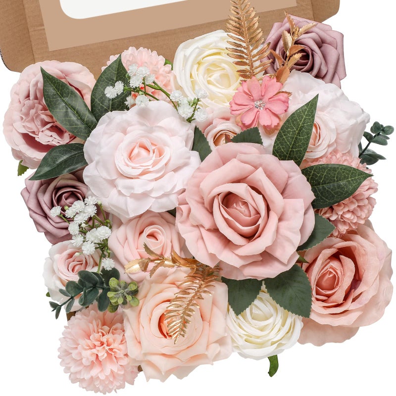 Serwalin Artificial Flowers Pink Wedding Decor Pink Flowers Cake Decoration Fake Flowers Silk Flowers Bridal Bouquets Centerpieces Dusty Rose Flowers Box DIY White Roses Home Decor