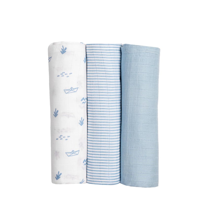 Masilo 100% Organic Cotton Muslin Swaddle Wrap/New Born/Multiuse Lightweight/Multi Pack Gift Set/Soft Breathable Combo Pack/Pack of 3/40 x 40 in - Boat - Image 1