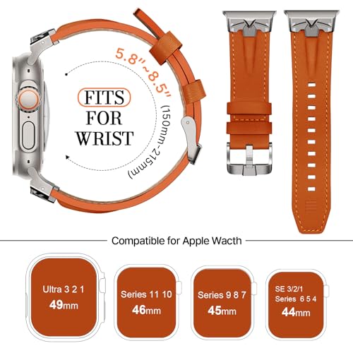 DABAOZA Leather Band Compatible for Apple Watch Ultra 3/2 Band 49mm 46mm 45mm 44mm,Genuine Leather Matel Replacement Strap for iWatch Ultra 3 2 1 Series 11 10 9 8 7 6 5 4 SE 3 2 1（Titanium/Orange） - Image 3
