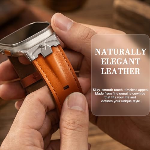 DABAOZA Leather Band Compatible for Apple Watch Ultra 3/2 Band 49mm 46mm 45mm 44mm,Genuine Leather Matel Replacement Strap for iWatch Ultra 3 2 1 Series 11 10 9 8 7 6 5 4 SE 3 2 1（Titanium/Orange） - Image 5