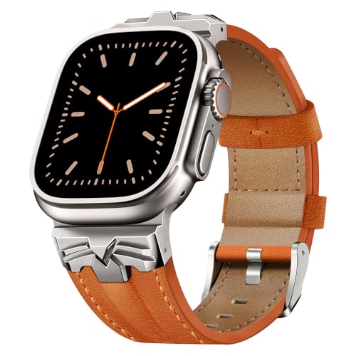 DABAOZA Leather Band Compatible for Apple Watch Ultra 3/2 Band 49mm 46mm 45mm 44mm,Genuine Leather Matel Replacement Strap for iWatch Ultra 3 2 1 Series 11 10 9 8 7 6 5 4 SE 3 2 1（Titanium/Orange） - Image 1