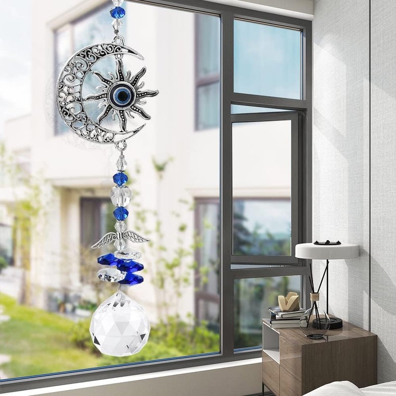 MENGSOOD Evil Eye Car Hanging Ornament Blue Evil Eye For Rear View Mirror Good Luck Charm Window Hanging Sun Catcher Decor Car Amulet Ornament For Protection & Blessing Moon Star - Image 1