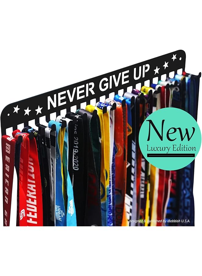 PROMASS Premium Medal Display Hanger Never Give Up with 20 Hooks,Medal Hanger Display For Wall with 16inchL,race medal display Upgraded Medal Holder display with Simple Design For gymanstics,race,soccer,swim