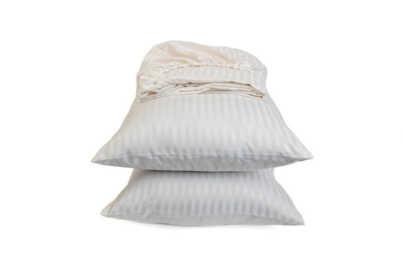 Striped Fitted Sheet Set - Fine Quality Hotels and Home Décor - 1 Fitted Sheet 100cm * 200cm + 2 Pillow Cases 50cm * 70cm - Matresses Up to 30cm - Brushed Cotton - Offwhite