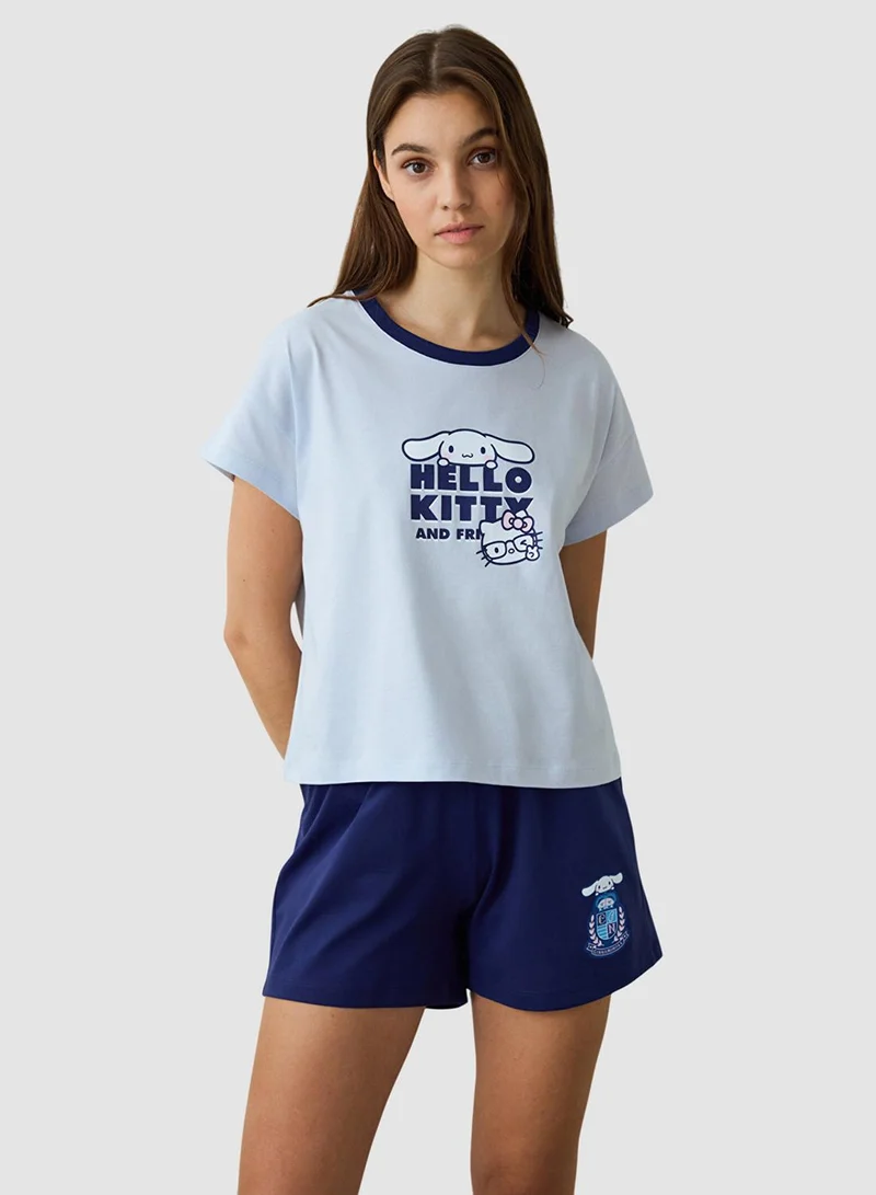 Penti Blue Crew Neck Cotton Short Sleeve Shorts Pyjamas Set