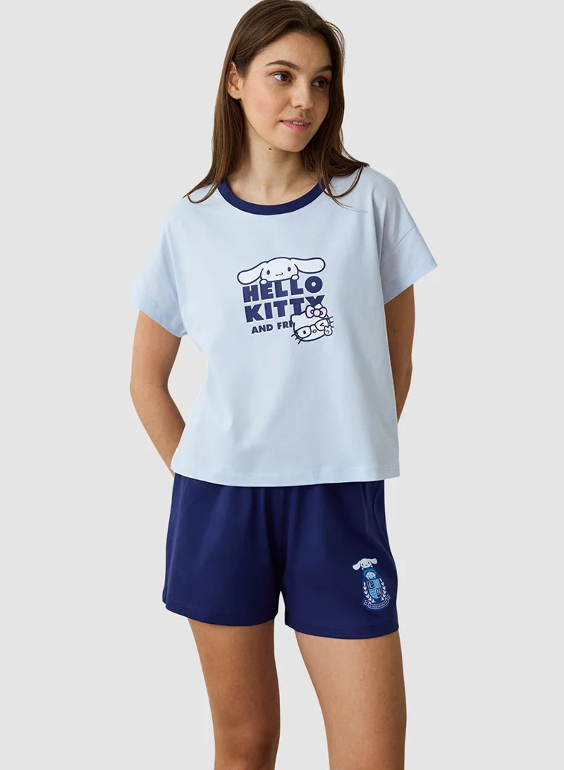 Penti Blue Crew Neck Cotton Short Sleeve Shorts Pyjamas Set