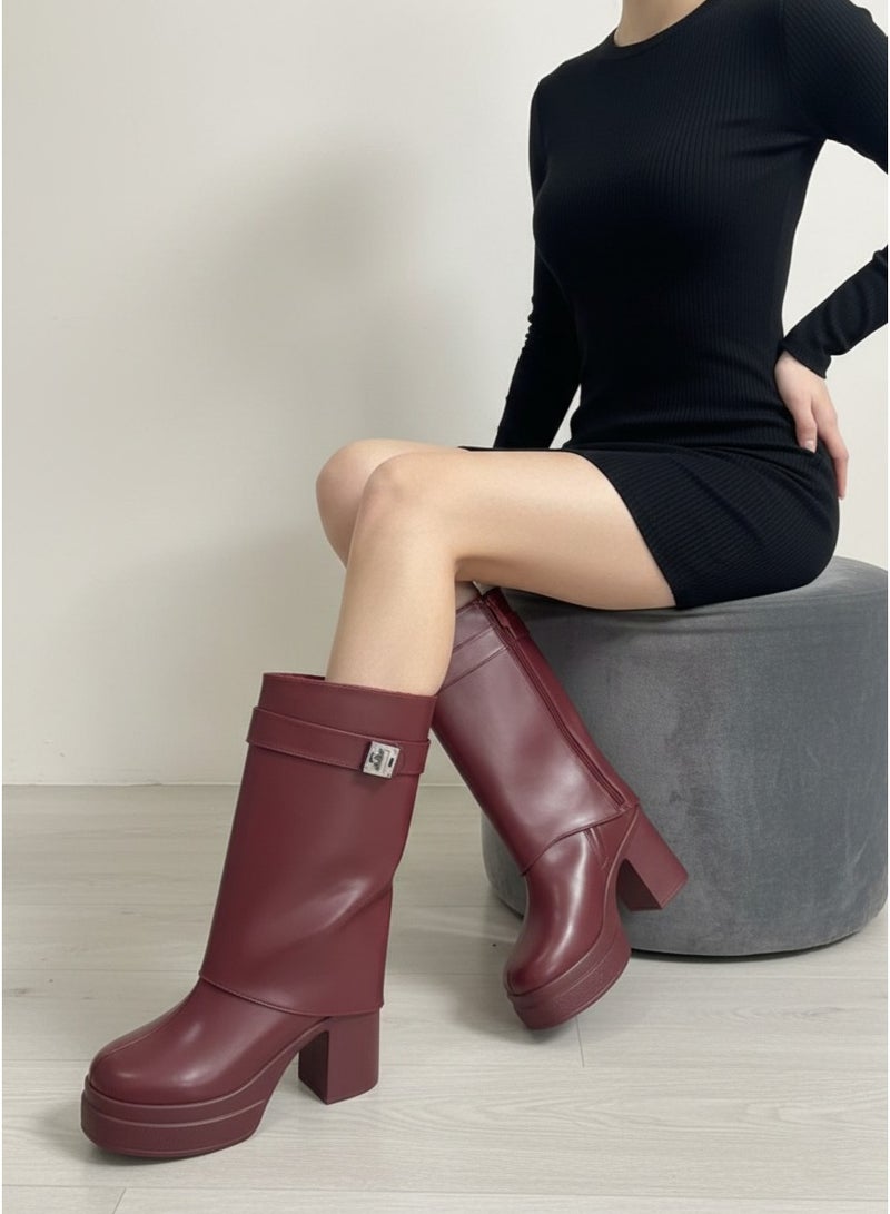 لايف ستيلاش  بوت طويل بكعب من الجلد انيق  LB-49 - نبيتي - Image 1