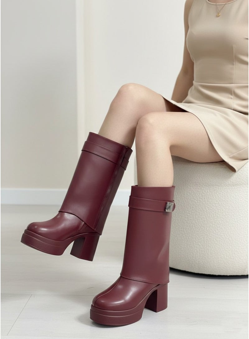 لايف ستيلاش  بوت طويل بكعب من الجلد انيق  LB-49 - نبيتي - Image 2