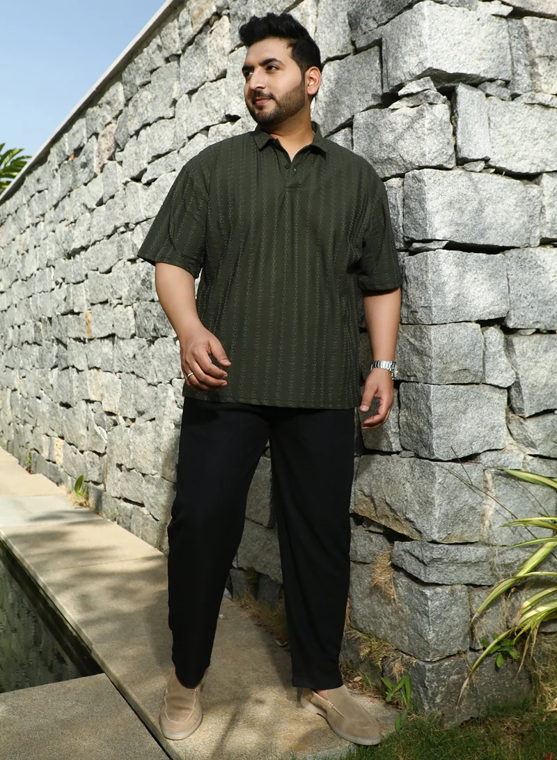 Instafab Plus Instafab Plus Men's Army Green Spiralknot-Tactile Polo T-Shirt For Casual Wear | Polo Neck | Short Regular Sleeves | Half-Button Closure | Plus Size T-Shirt Crafted With Comfort Fit For Everyday Wear