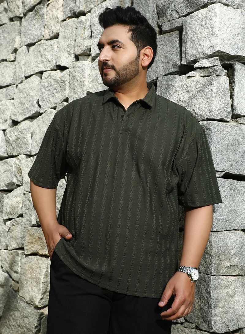 Instafab Plus Instafab Plus Men's Army Green Spiralknot-Tactile Polo T-Shirt For Casual Wear | Polo Neck | Short Regular Sleeves | Half-Button Closure | Plus Size T-Shirt Crafted With Comfort Fit For Everyday Wear