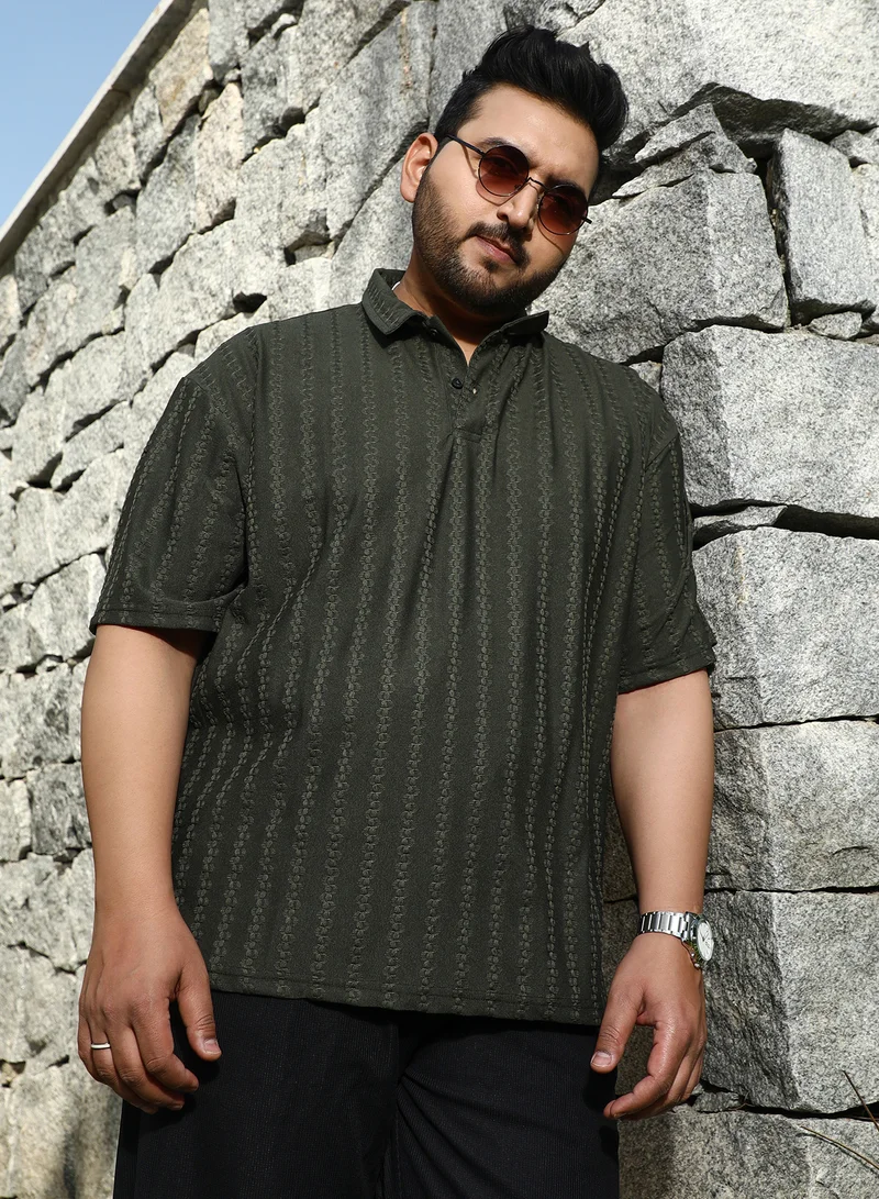 Instafab Plus Instafab Plus Men's Army Green Spiralknot-Tactile Polo T-Shirt For Casual Wear | Polo Neck | Short Regular Sleeves | Half-Button Closure | Plus Size T-Shirt Crafted With Comfort Fit For Everyday Wear