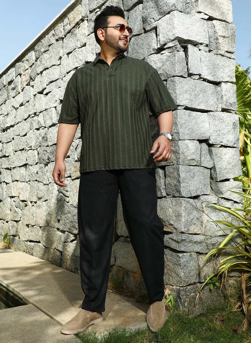 Instafab Plus Instafab Plus Men's Army Green Spiralknot-Tactile Polo T-Shirt For Casual Wear | Polo Neck | Short Regular Sleeves | Half-Button Closure | Plus Size T-Shirt Crafted With Comfort Fit For Everyday Wear