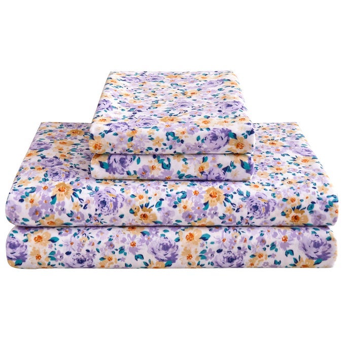 FLORAL QUEEN BED SHEETS SOFT MICROFIBER PRINTED BEDDING SHEETS PILLOWCASES DEEP POCKET NONSLIP VINTAGE QUEEN SHEET PURPLE YELLOW FLOWER PATTERN BEDSHEETS